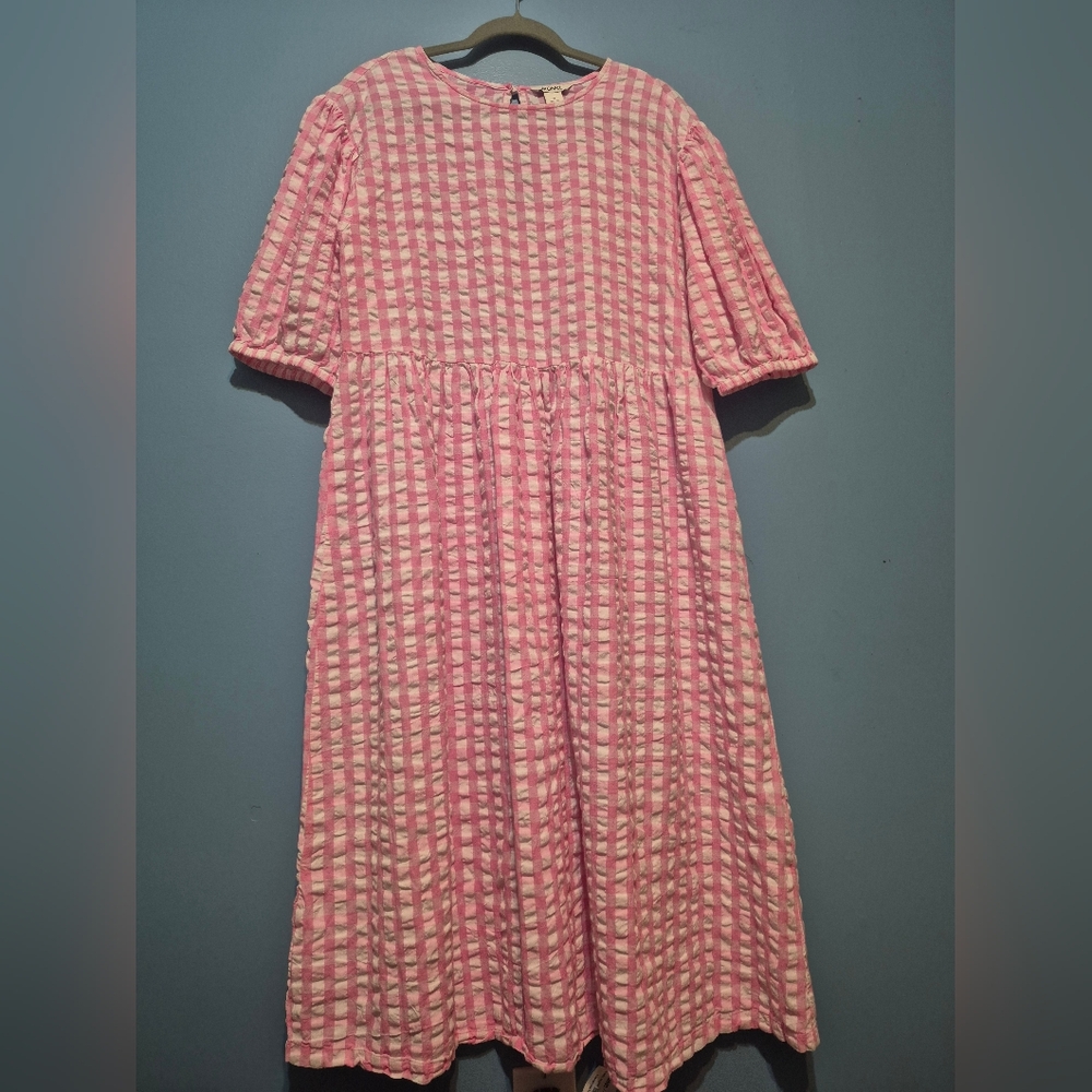 Women's Pink Check Midi Dress with Puff Sleeves
